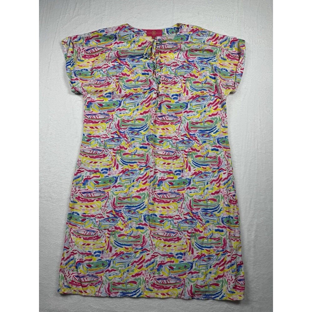 Kaeli Smith Dress Large Colorful Nautical Boats Lace Up Neckline Beach Stretch